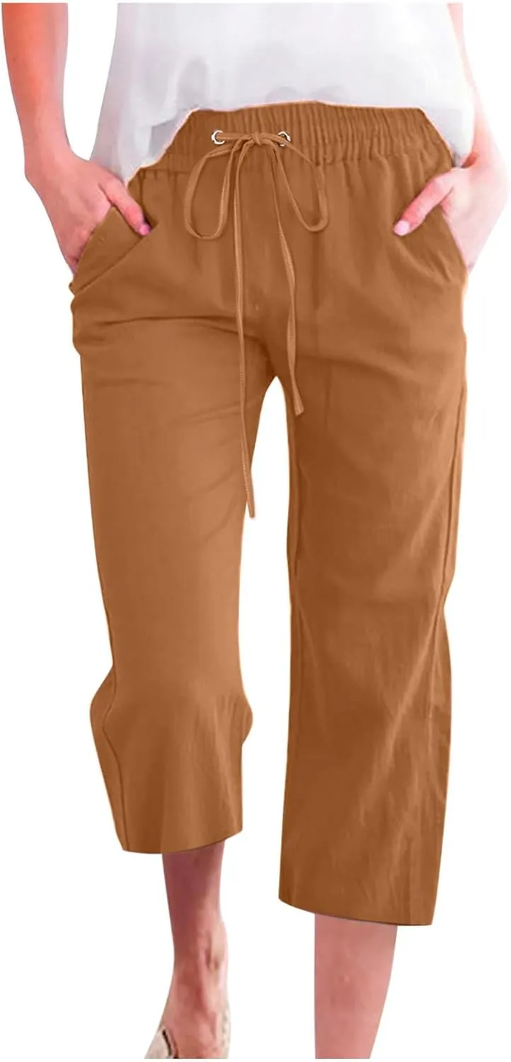 Capri Pants for Women Casual Linen Pants Summer Elastic High Waist Capris Loose Fit Straight Wide Leg Cropped Trouser
