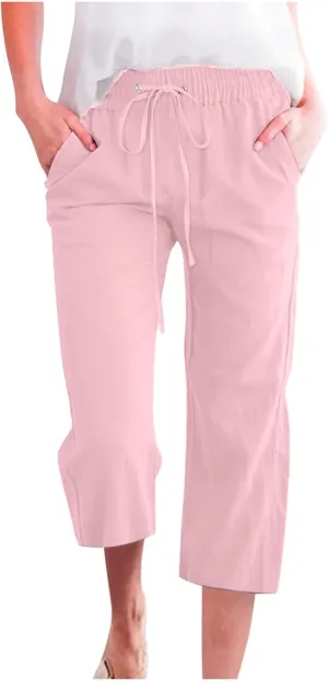 Capri Pants for Women Casual Linen Pants Summer Elastic High Waist Capris Loose Fit Straight Wide Leg Cropped Trouser