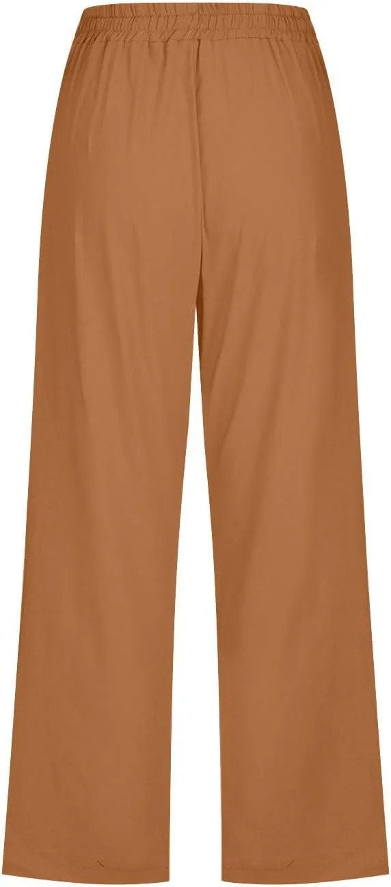 Capri Pants for Women Casual Linen Pants Summer Elastic High Waist Capris Loose Fit Straight Wide Leg Cropped Trouser