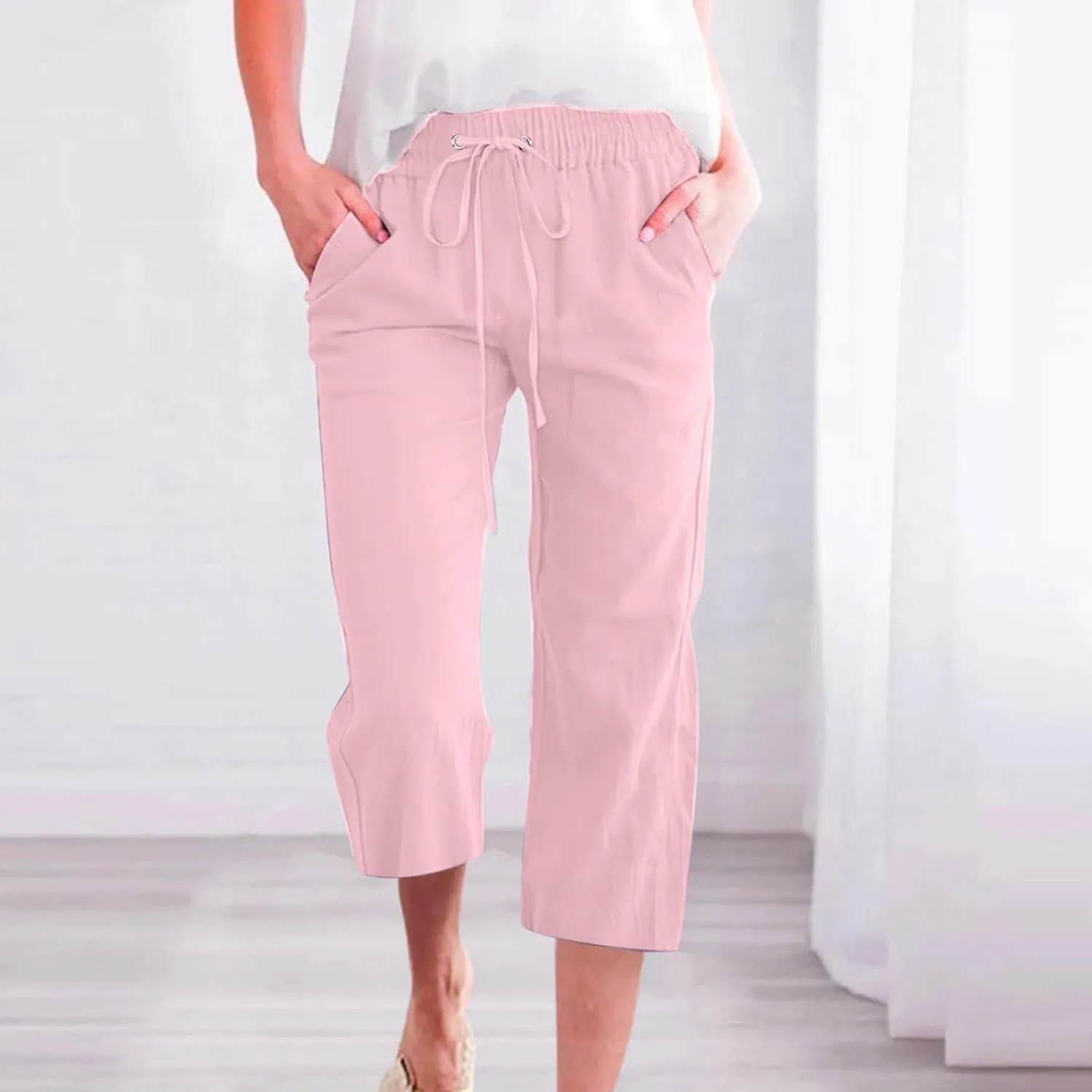 Capri Pants for Women Casual Linen Pants Summer Elastic High Waist Capris Loose Fit Straight Wide Leg Cropped Trouser