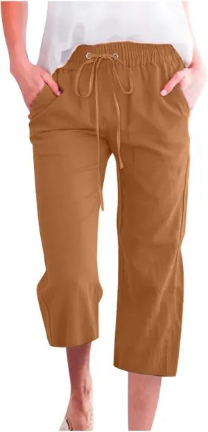 Capri Pants for Women Casual Linen Pants Summer Elastic High Waist Capris Loose Fit Straight Wide Leg Cropped Trouser