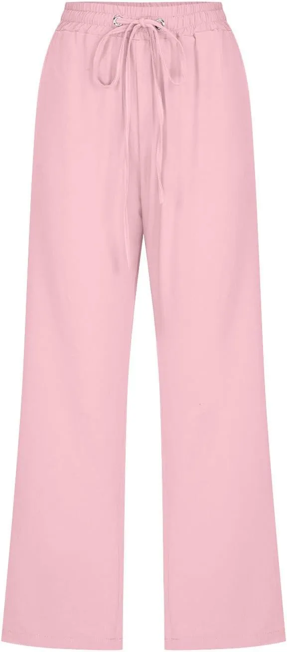 Capri Pants for Women Casual Linen Pants Summer Elastic High Waist Capris Loose Fit Straight Wide Leg Cropped Trouser