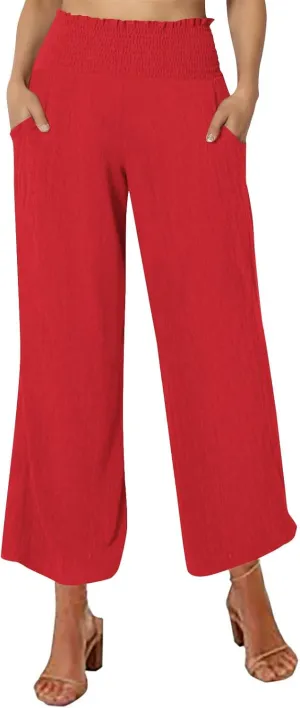 Capri Pants for Women Casual Loose Fit Summer Elastic High Waist Trousers Cotton Linen Pants Wide Leg Lounge Capris