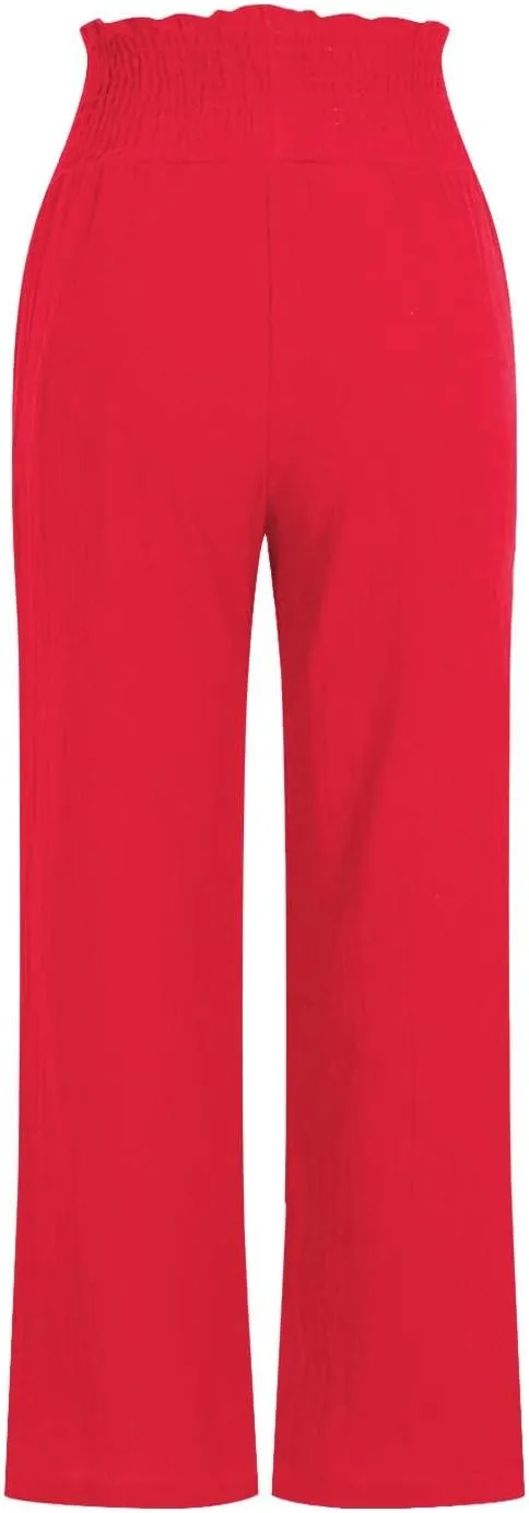 Capri Pants for Women Casual Loose Fit Summer Elastic High Waist Trousers Cotton Linen Pants Wide Leg Lounge Capris