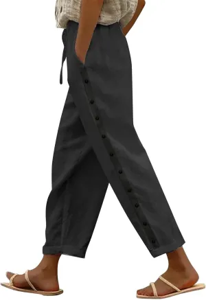 Capri Pants for Women Cotton Linen Capris with Pockets Drawstring Elastic Waisted Side Button Casual Cropped Pants