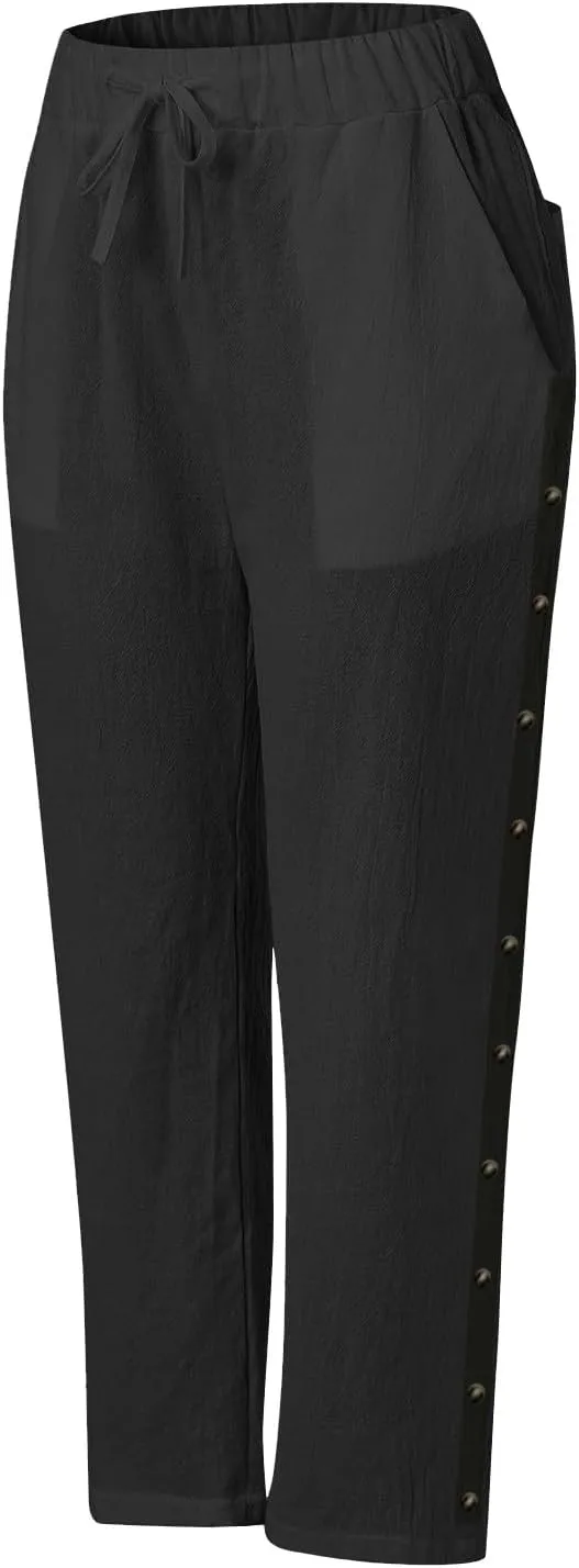 Capri Pants for Women Cotton Linen Capris with Pockets Drawstring Elastic Waisted Side Button Casual Cropped Pants