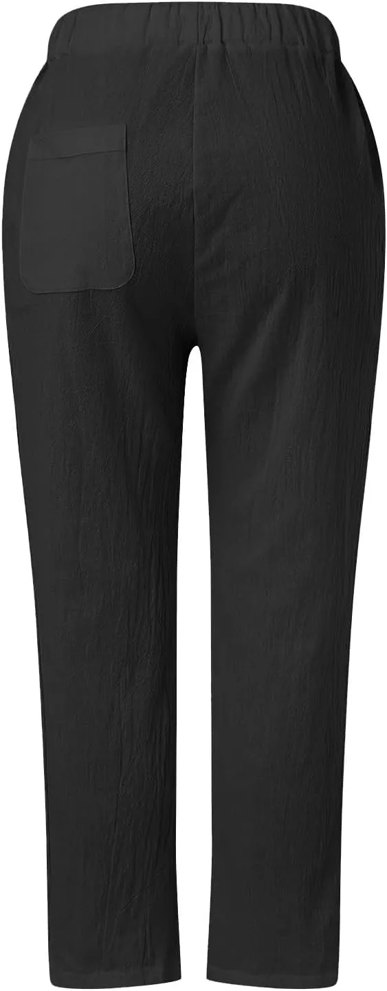 Capri Pants for Women Cotton Linen Capris with Pockets Drawstring Elastic Waisted Side Button Casual Cropped Pants