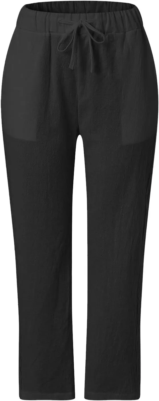 Capri Pants for Women Cotton Linen Capris with Pockets Drawstring Elastic Waisted Side Button Casual Cropped Pants