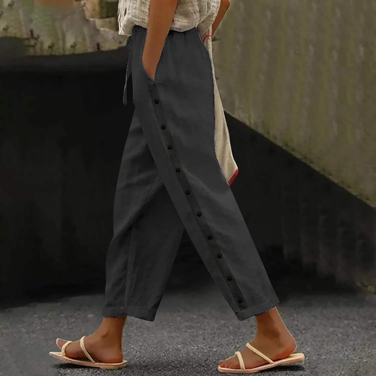 Capri Pants for Women Cotton Linen Capris with Pockets Drawstring Elastic Waisted Side Button Casual Cropped Pants