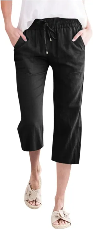 Capri Pants for Women Cotton Linen Casual Summer Pants Fashion Plus Size Drawstring Elastic High Waist Leisure Capris