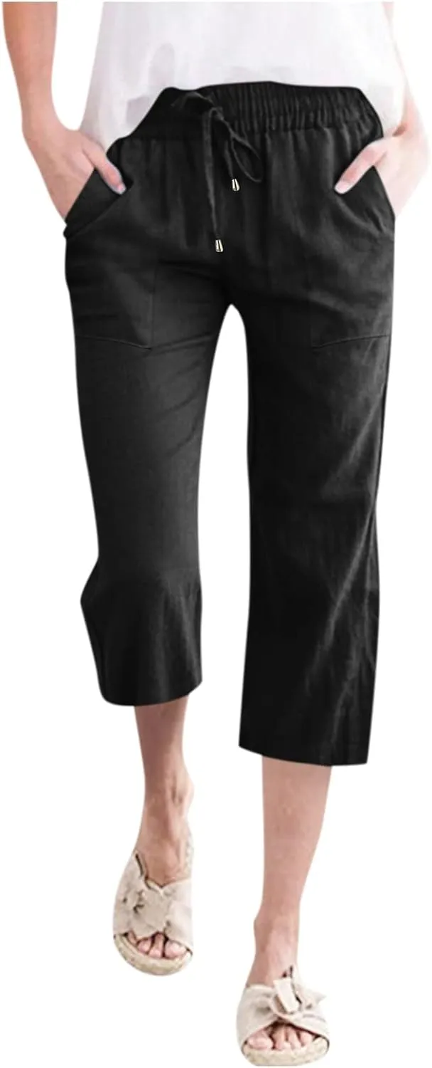 Capri Pants for Women Cotton Linen Casual Summer Pants Fashion Plus Size Drawstring Elastic High Waist Leisure Capris