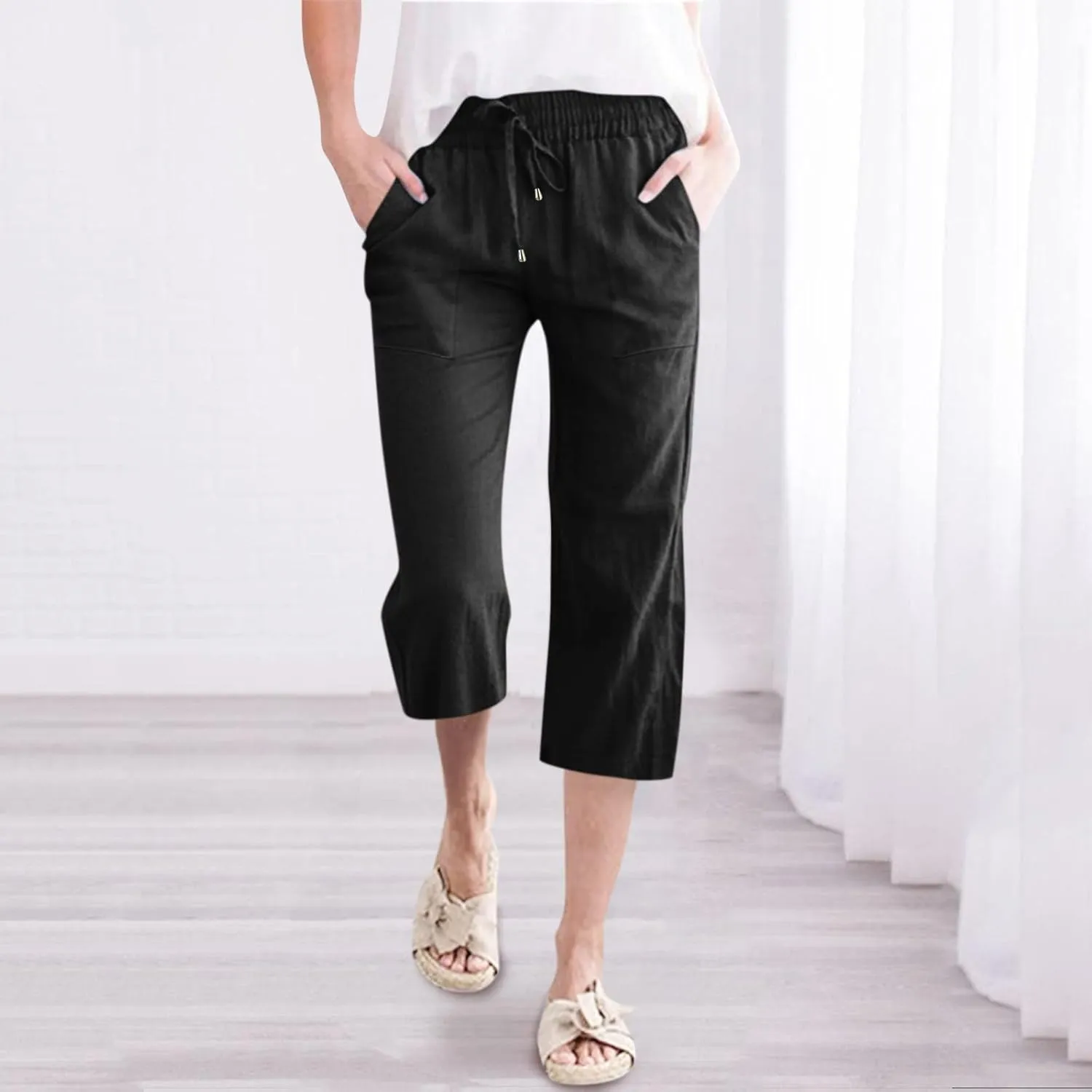 Capri Pants for Women Cotton Linen Casual Summer Pants Fashion Plus Size Drawstring Elastic High Waist Leisure Capris