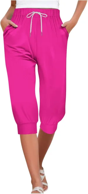 Capri Pants for Women Drawstring Cropped Jogger Running Yoga Pants Elastic Waist Summer Sweatpants with Pockets