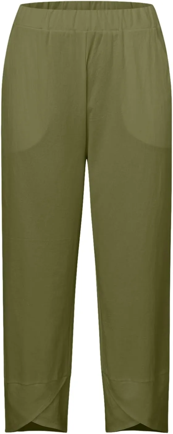 Capri Pants for Women Plus Size Linen Pants Wide Leg with Pockets Drawstring Casual Flowy Palazzo Linen Pants Women