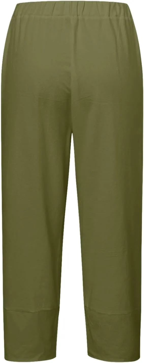 Capri Pants for Women Plus Size Linen Pants Wide Leg with Pockets Drawstring Casual Flowy Palazzo Linen Pants Women