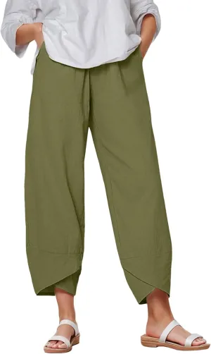 Capri Pants for Women Plus Size Linen Pants Wide Leg with Pockets Drawstring Casual Flowy Palazzo Linen Pants Women