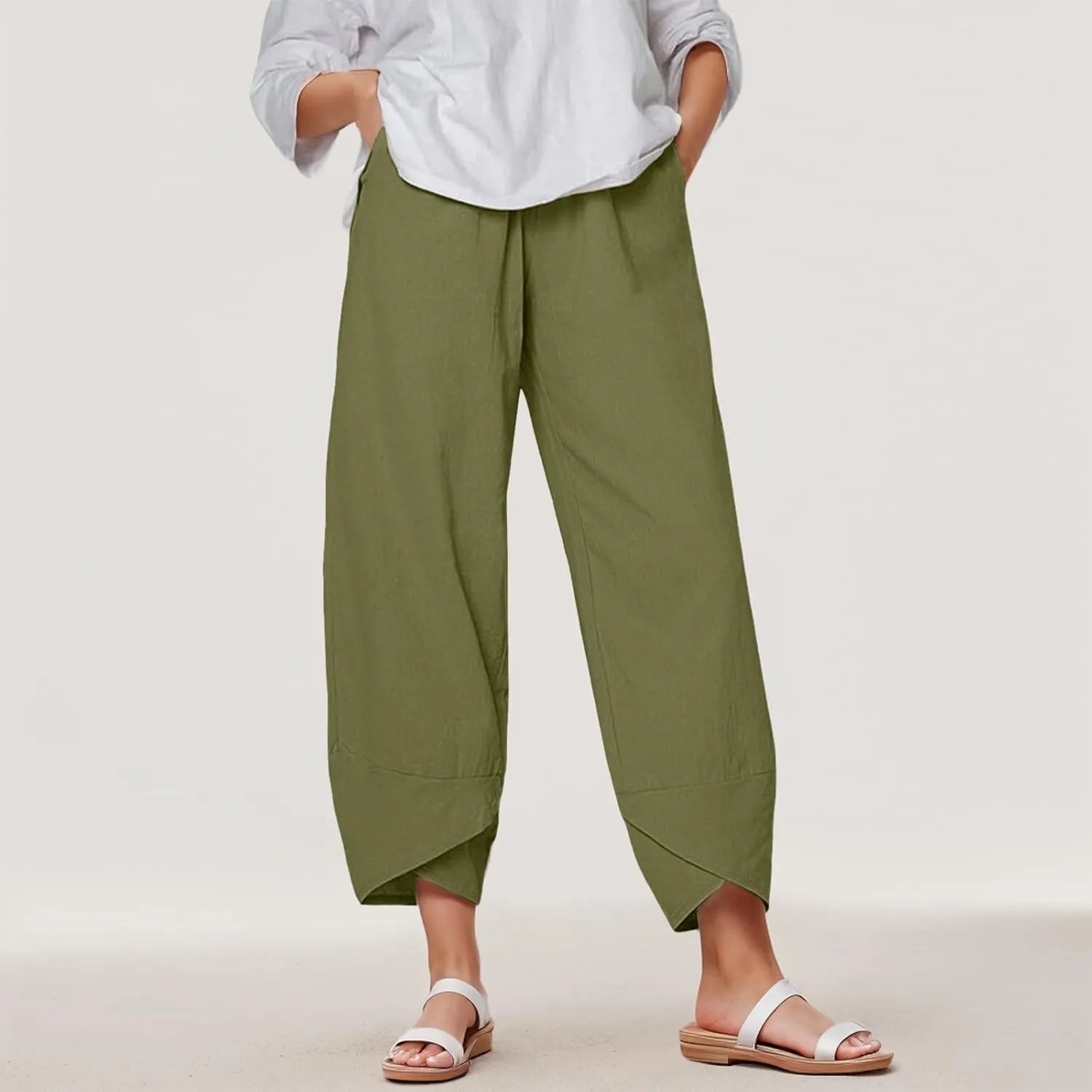 Capri Pants for Women Plus Size Linen Pants Wide Leg with Pockets Drawstring Casual Flowy Palazzo Linen Pants Women