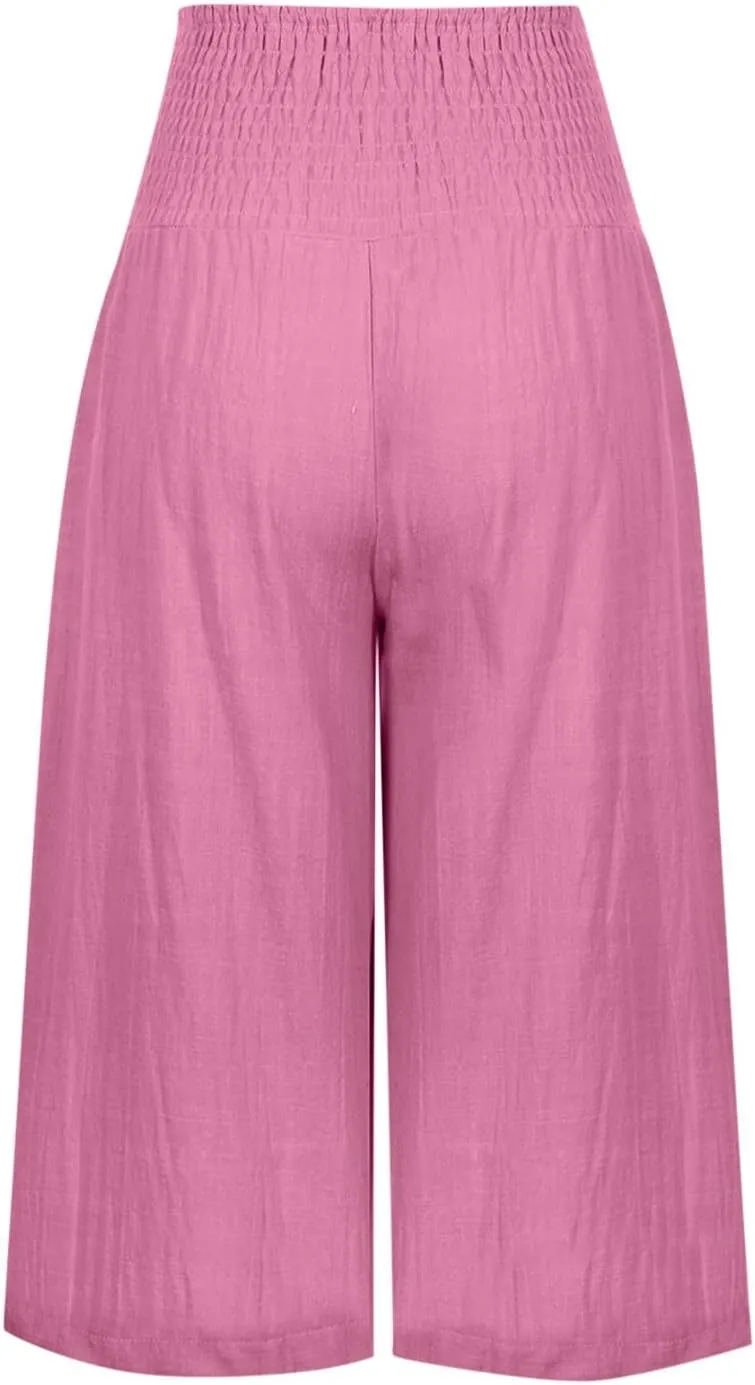 Capris for Women Cotton Linen Casual Summer 2025 Straight Wide Leg Cropped Pants Drawstring Elastic Waist Pants