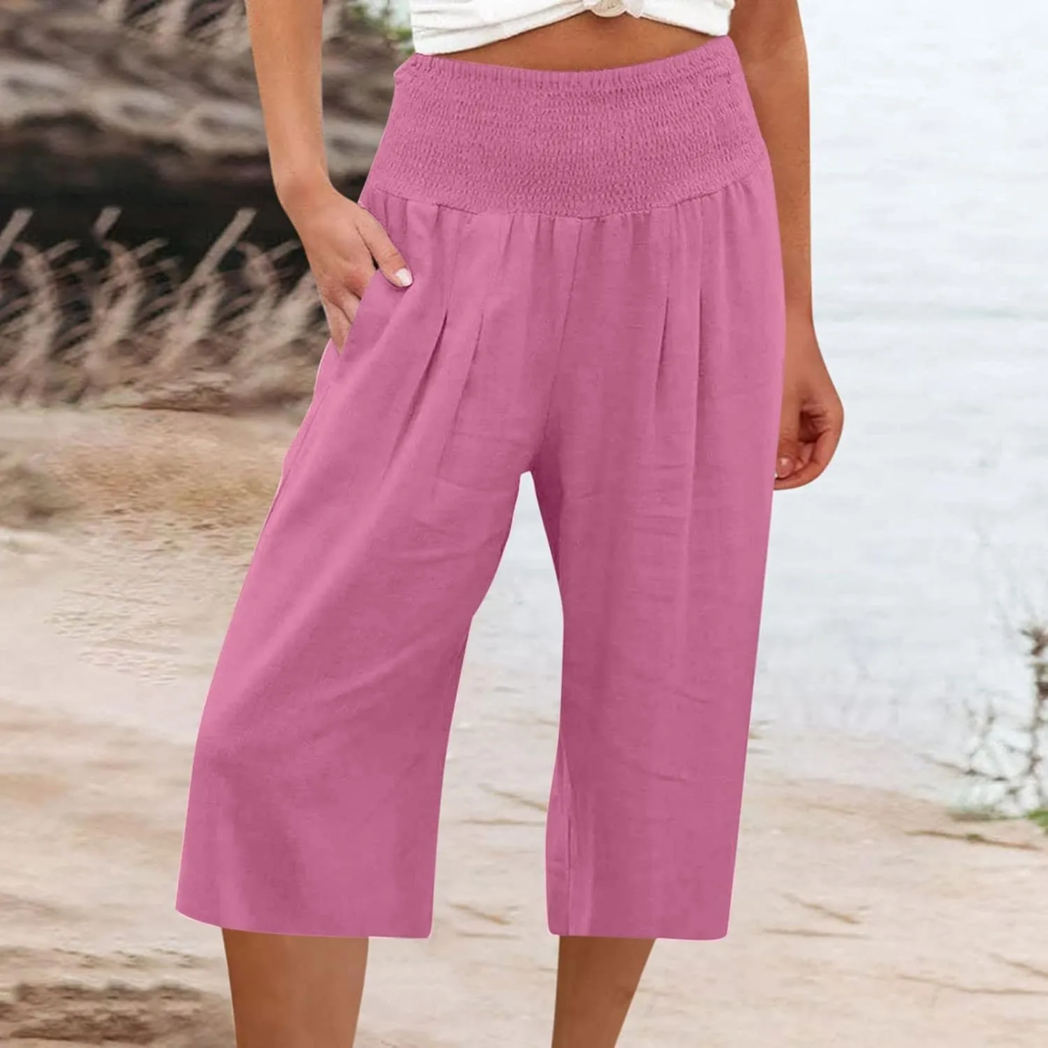 Capris for Women Cotton Linen Casual Summer 2025 Straight Wide Leg Cropped Pants Drawstring Elastic Waist Pants
