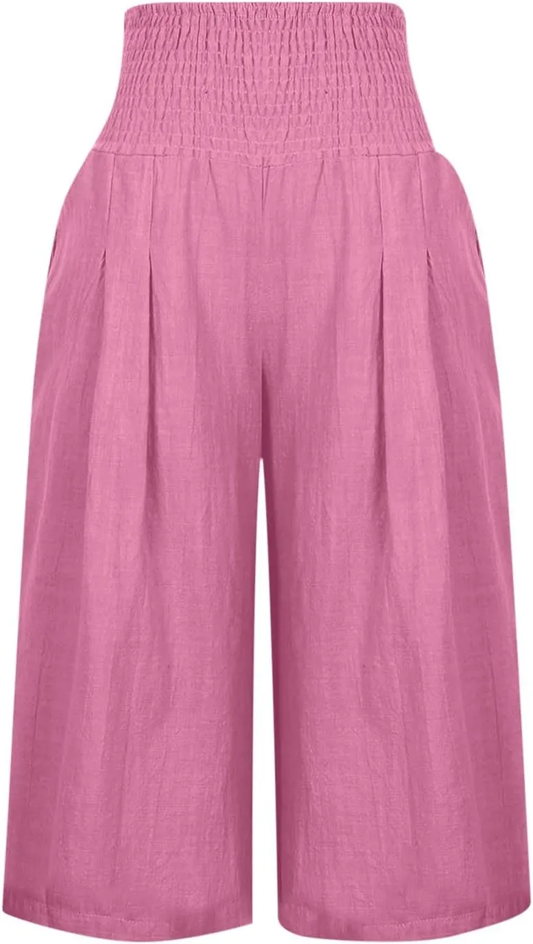 Capris for Women Cotton Linen Casual Summer 2025 Straight Wide Leg Cropped Pants Drawstring Elastic Waist Pants