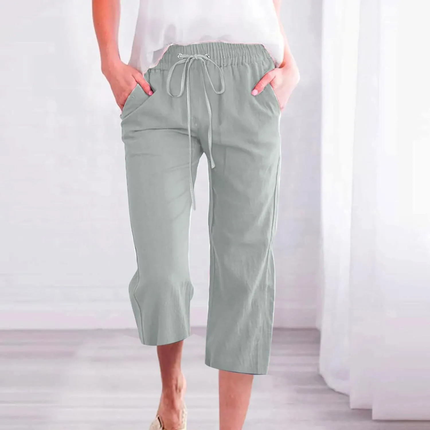 Capris Pants for Women 2025 Cotton Linen Summer Plus Size Capri High Waist Elastic Straight Leg Beach Cropped Pants