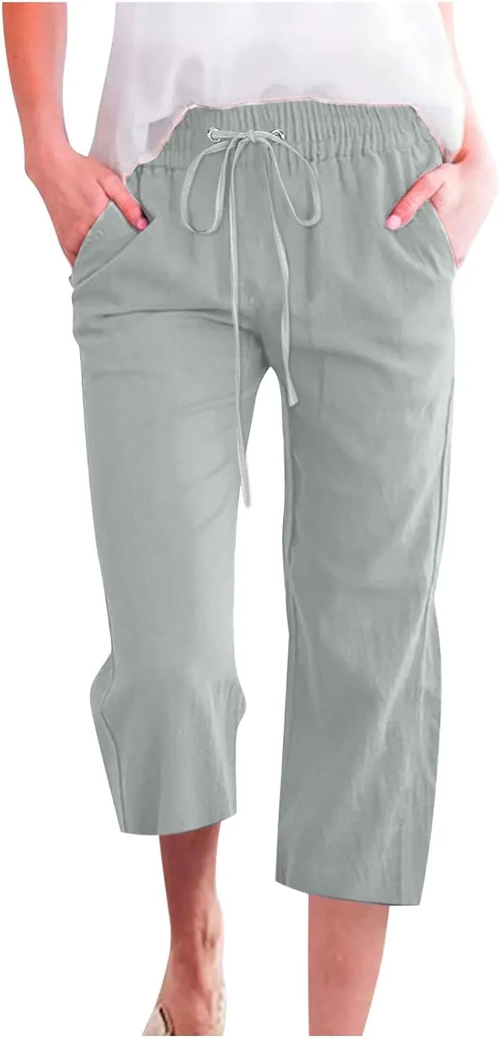 Capris Pants for Women 2025 Cotton Linen Summer Plus Size Capri High Waist Elastic Straight Leg Beach Cropped Pants