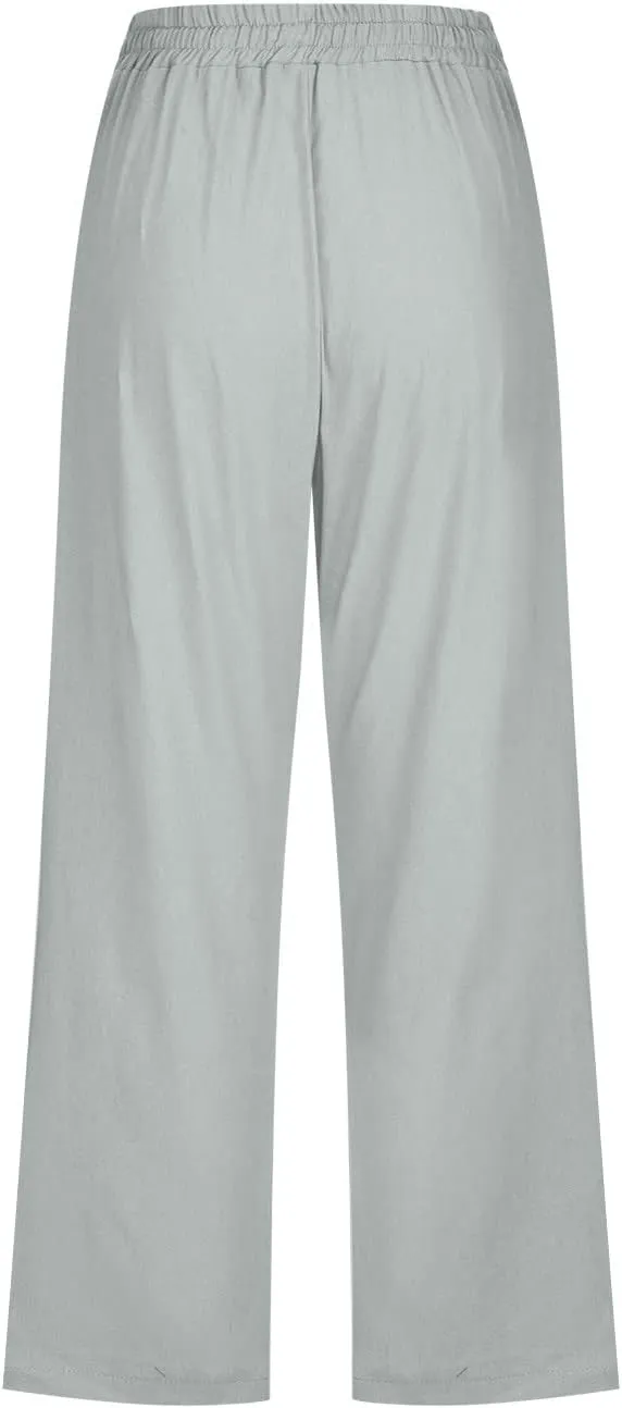 Capris Pants for Women 2025 Cotton Linen Summer Plus Size Capri High Waist Elastic Straight Leg Beach Cropped Pants