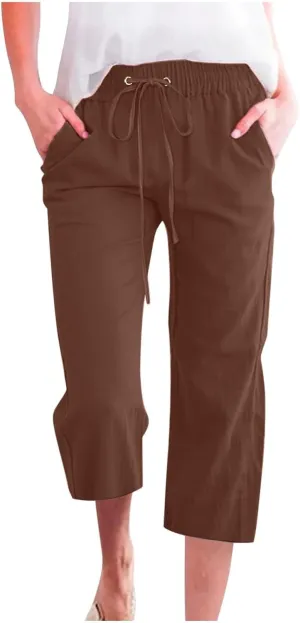 Capris Pants for Women Cotton Linen Casual Summer 2025 Straight Leg Loose Drawstring Elastic Waist Cropped Trouser