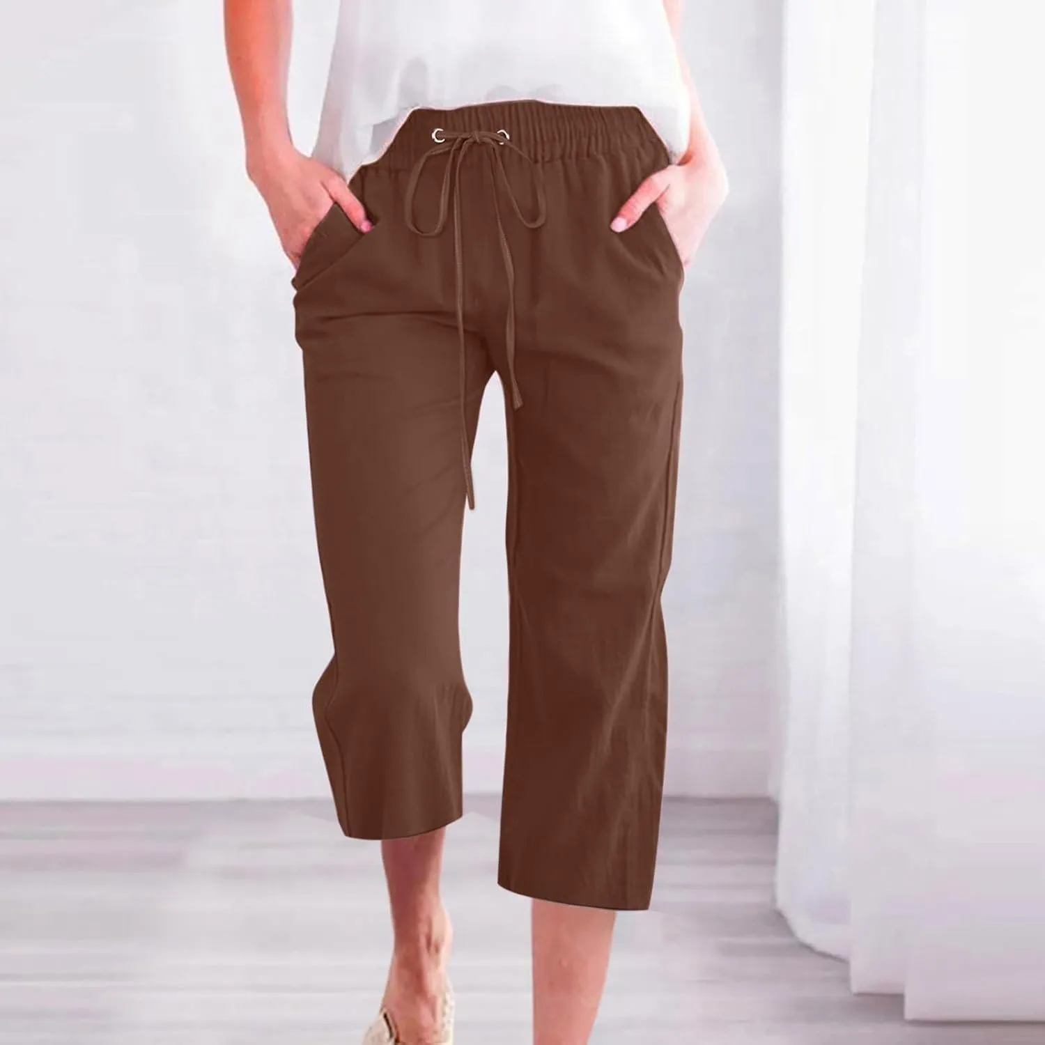 Capris Pants for Women Cotton Linen Casual Summer 2025 Straight Leg Loose Drawstring Elastic Waist Cropped Trouser