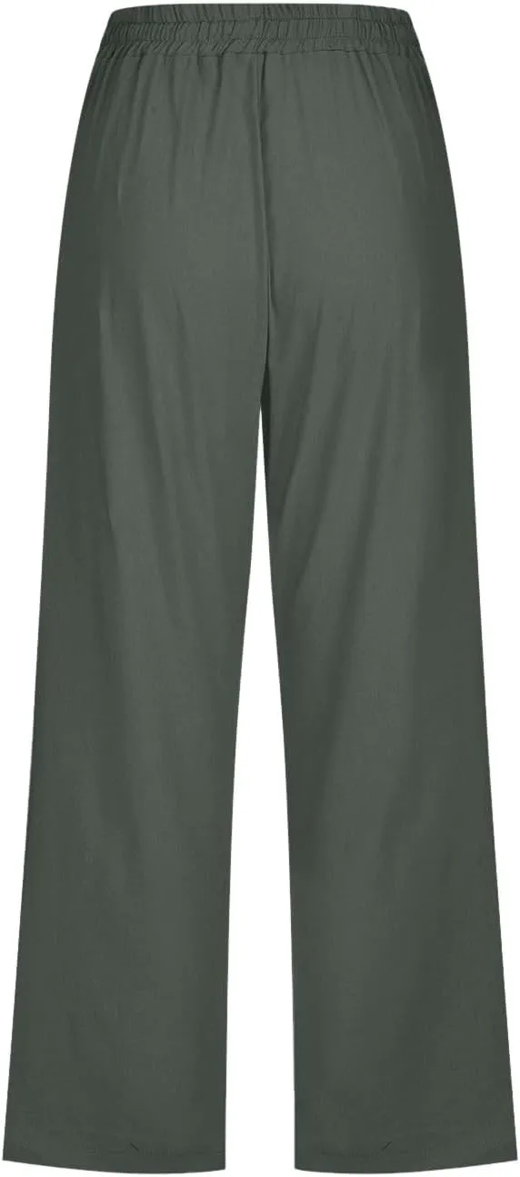 Capris Pants for Women Dressy Casual Cotton Linen Petite Short Straight Leg Elastic Waist Drawstring Pocket Trouser