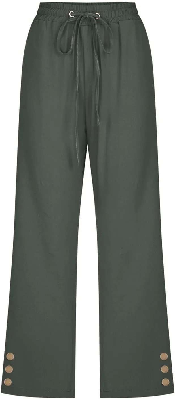 Capris Pants for Women Dressy Casual Cotton Linen Petite Short Straight Leg Elastic Waist Drawstring Pocket Trouser
