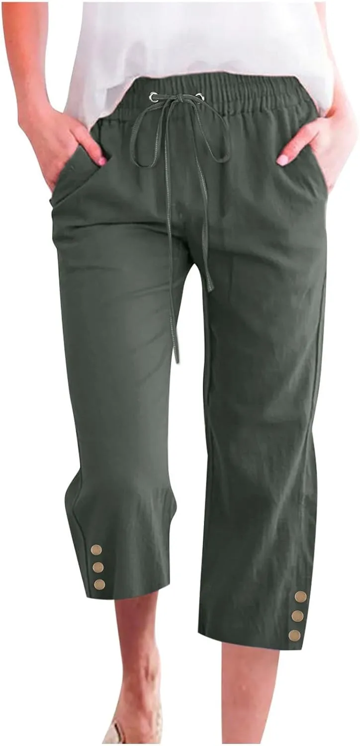 Capris Pants for Women Dressy Casual Cotton Linen Petite Short Straight Leg Elastic Waist Drawstring Pocket Trouser
