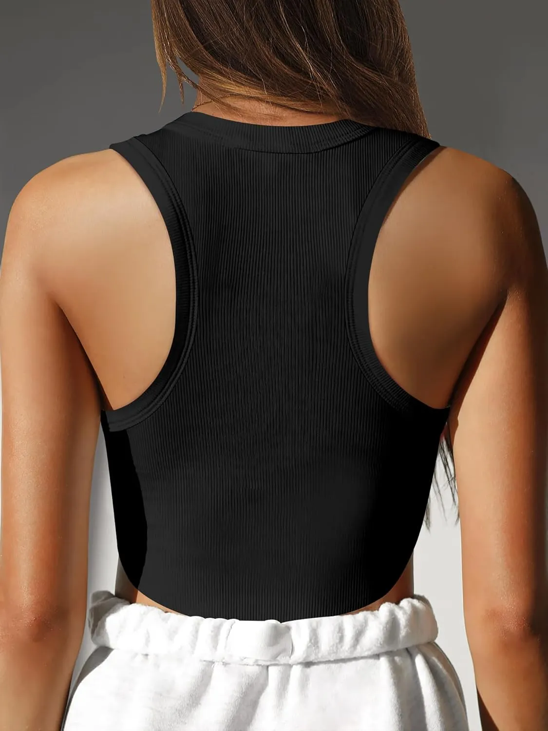 Caracilia Women Tank Tops High Neck Crop Tops Racerback Rib Knit Sleeveless Summer Basic Tee Shirts Workout Y2K Outfits