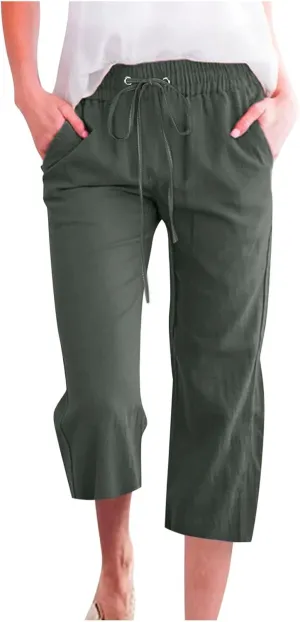 Casual Linen Pants for Women Pants Drawstring Elastic Trousers Comfy Straight Leg Long with Pockets Petite