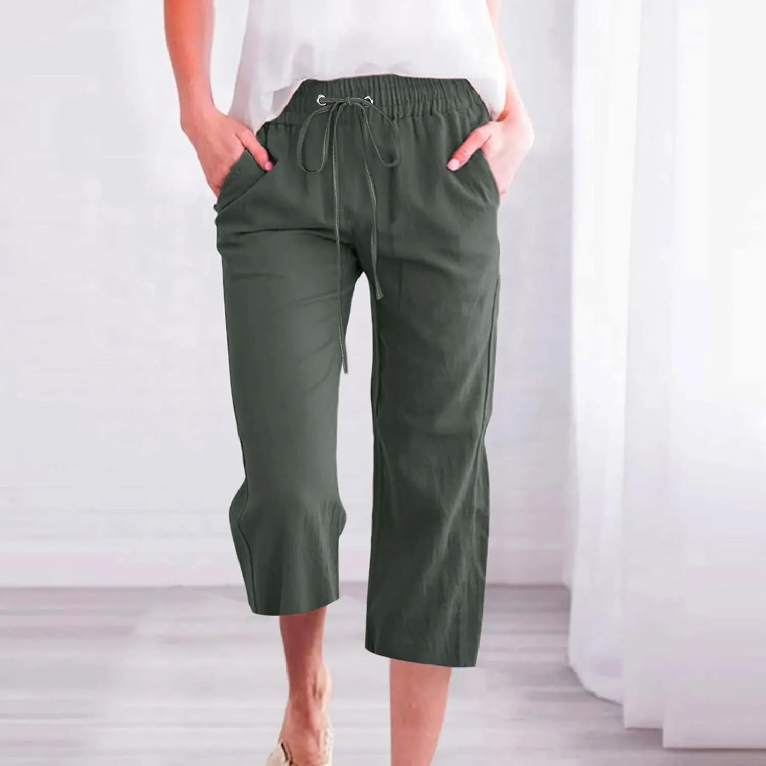 Casual Linen Pants for Women Pants Drawstring Elastic Trousers Comfy Straight Leg Long with Pockets Petite