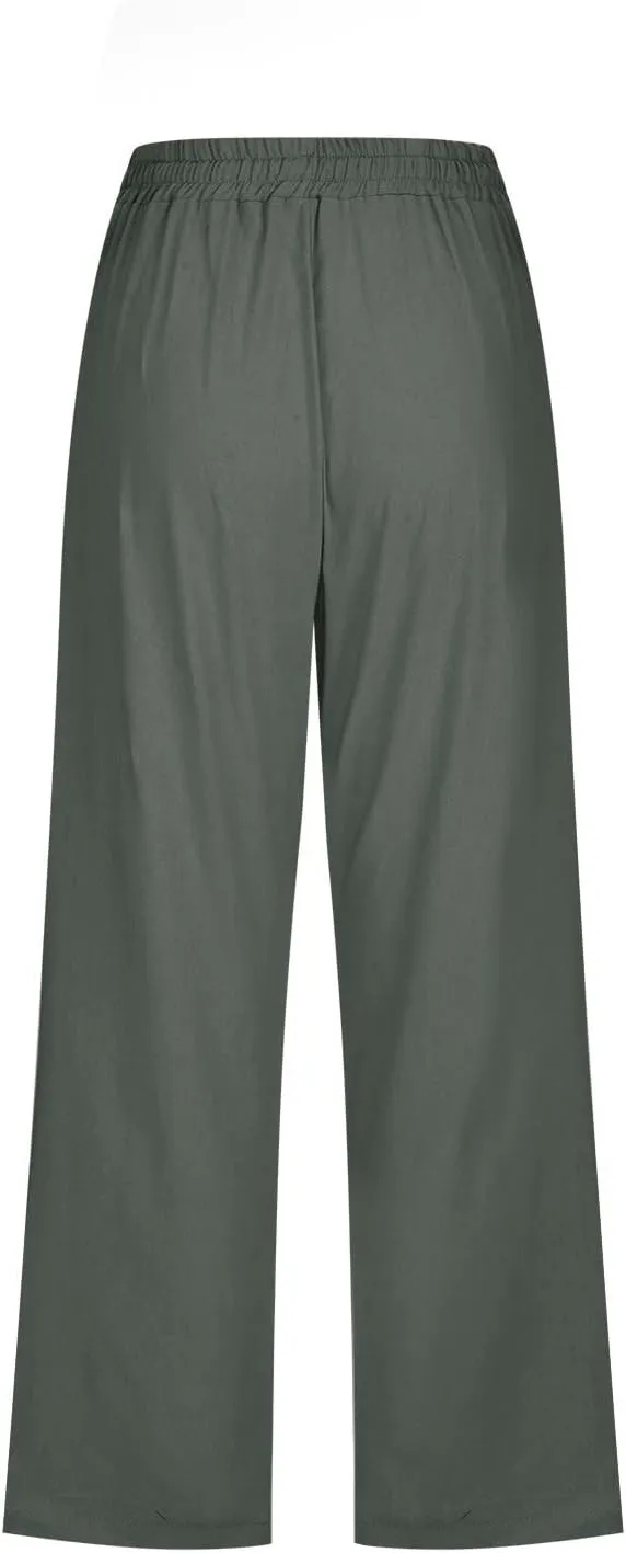 Casual Linen Pants for Women Pants Drawstring Elastic Trousers Comfy Straight Leg Long with Pockets Petite