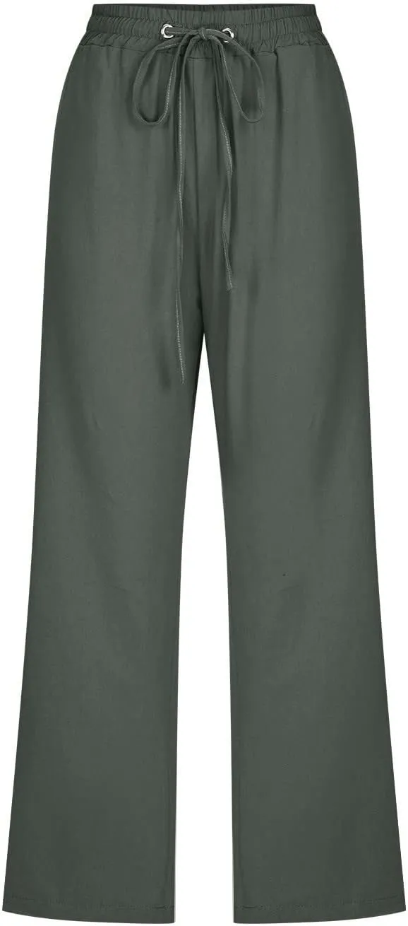Casual Linen Pants for Women Pants Drawstring Elastic Trousers Comfy Straight Leg Long with Pockets Petite