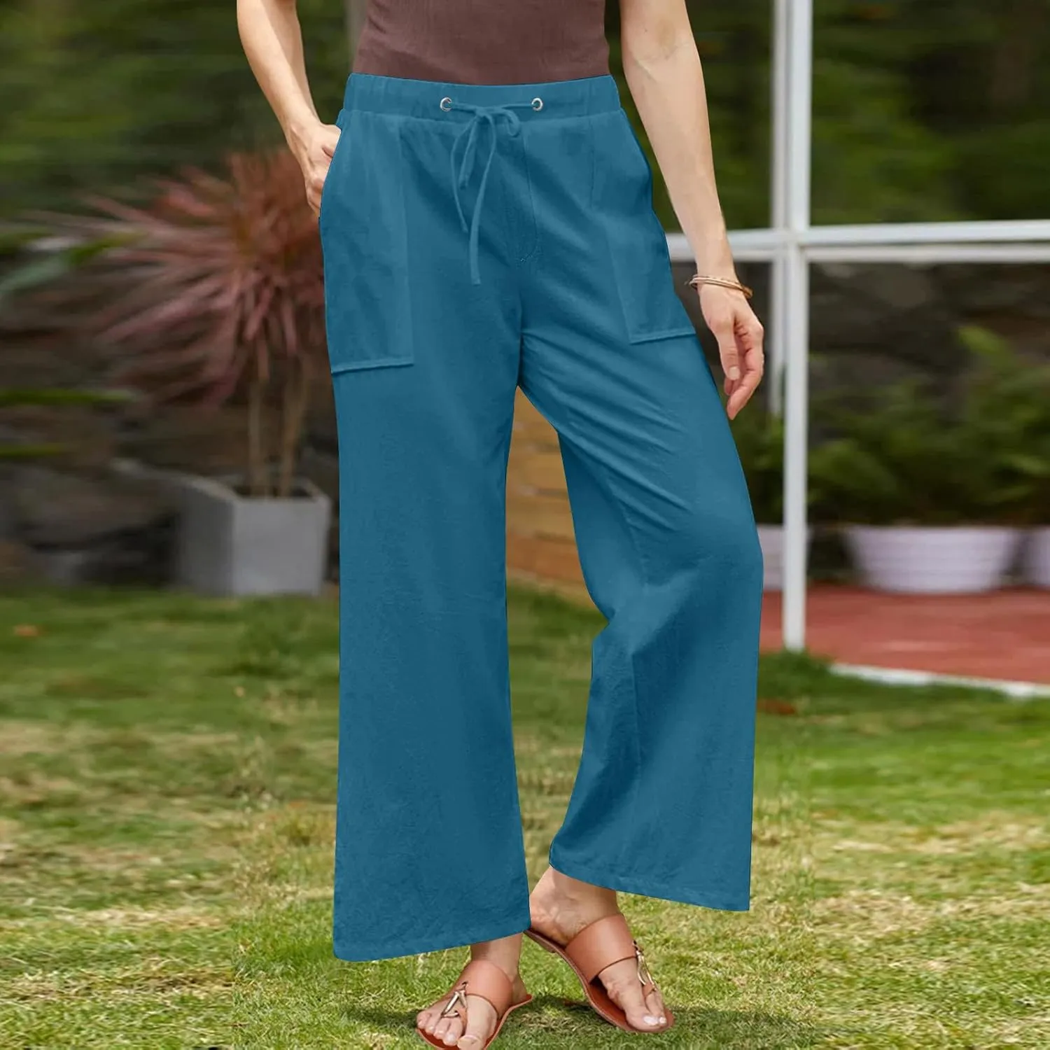 Casual Linen Pants Women Summer Flowy Palazzo Wide Leg Slacks Loose Comfy High Waisted Trousers with Pockets