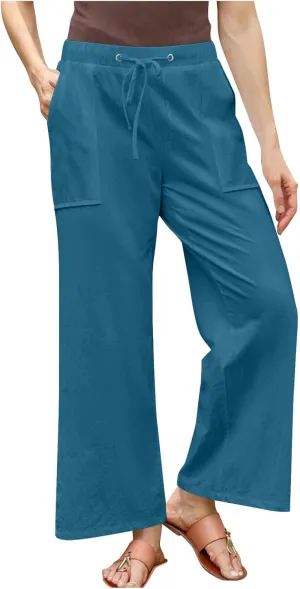 Casual Linen Pants Women Summer Flowy Palazzo Wide Leg Slacks Loose Comfy High Waisted Trousers with Pockets
