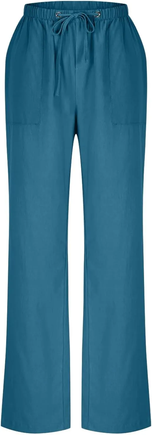 Casual Linen Pants Women Summer Flowy Palazzo Wide Leg Slacks Loose Comfy High Waisted Trousers with Pockets