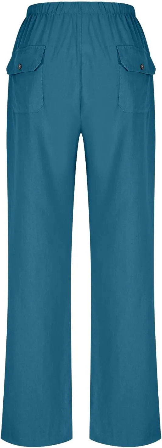 Casual Linen Pants Women Summer Flowy Palazzo Wide Leg Slacks Loose Comfy High Waisted Trousers with Pockets