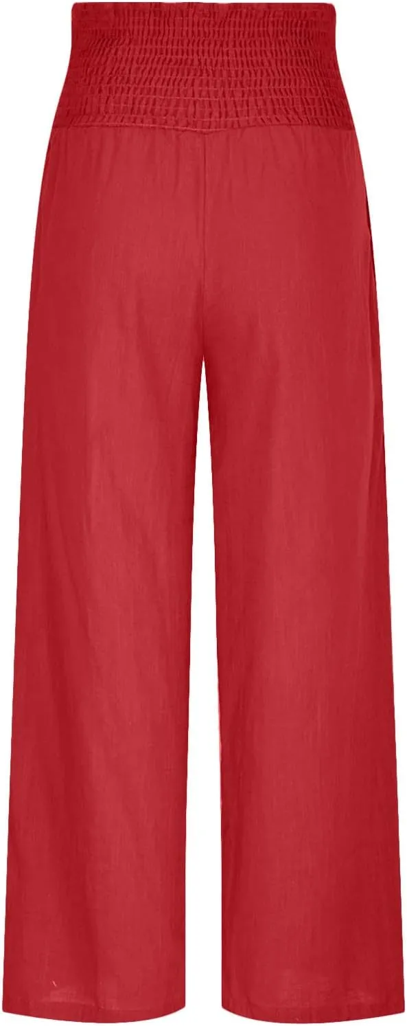 Ceboyel Women Cotton Linen Casual Pants Wide Leg Long Lounge Trousers Boho Casual Palazzo Pant Trendy Beach Summer Outfits