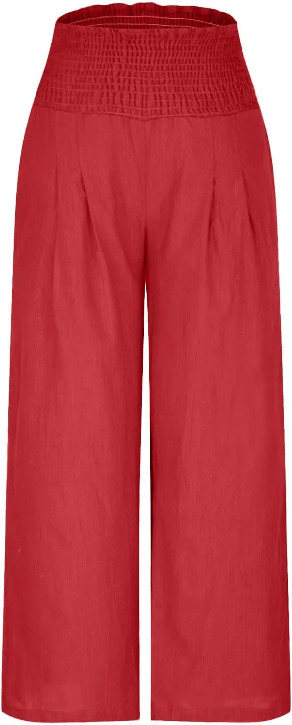 Ceboyel Women Cotton Linen Casual Pants Wide Leg Long Lounge Trousers Boho Casual Palazzo Pant Trendy Beach Summer Outfits