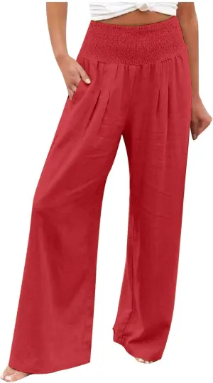 Ceboyel Women Cotton Linen Casual Pants Wide Leg Long Lounge Trousers Boho Casual Palazzo Pant Trendy Beach Summer Outfits