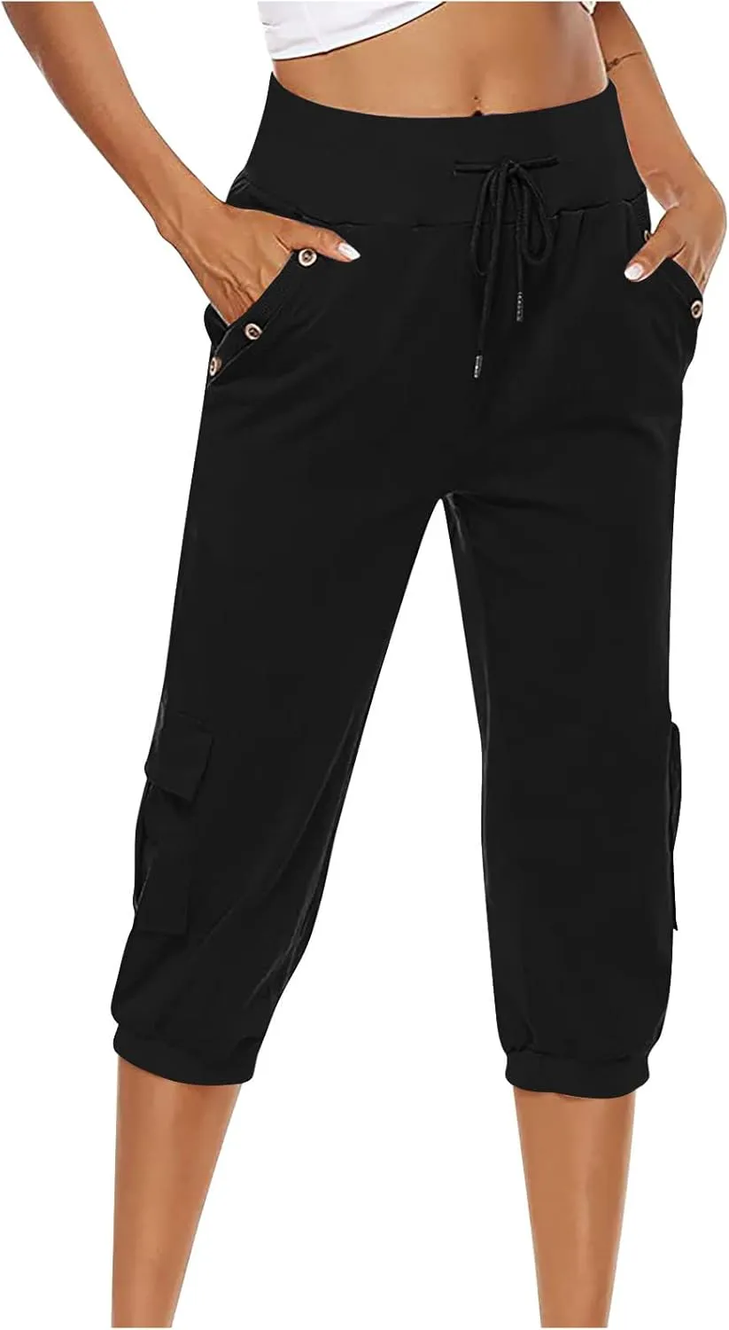 Ceboyel Women's Cotton Linen Crop Capris Drawstring Summer Cargo Pants Trendy Casual Straight Pants Dressy Ladies Clothing