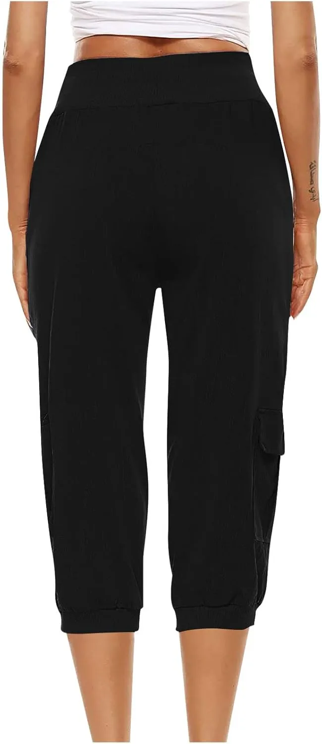 Ceboyel Women's Cotton Linen Crop Capris Drawstring Summer Cargo Pants Trendy Casual Straight Pants Dressy Ladies Clothing