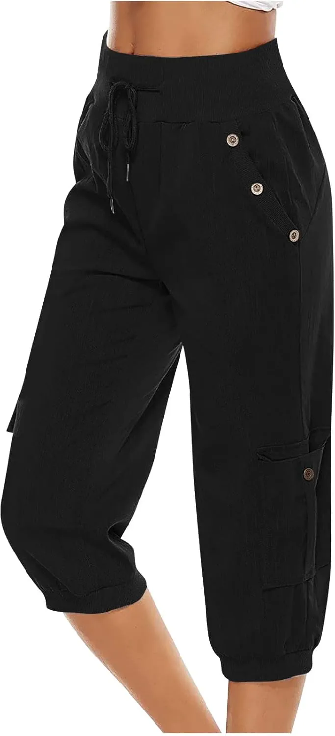 Ceboyel Women's Cotton Linen Crop Capris Drawstring Summer Cargo Pants Trendy Casual Straight Pants Dressy Ladies Clothing