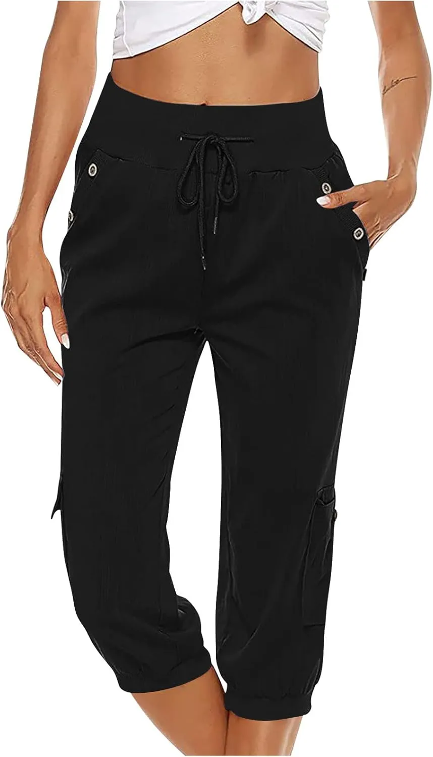 Ceboyel Women's Cotton Linen Crop Capris Drawstring Summer Cargo Pants Trendy Casual Straight Pants Dressy Ladies Clothing