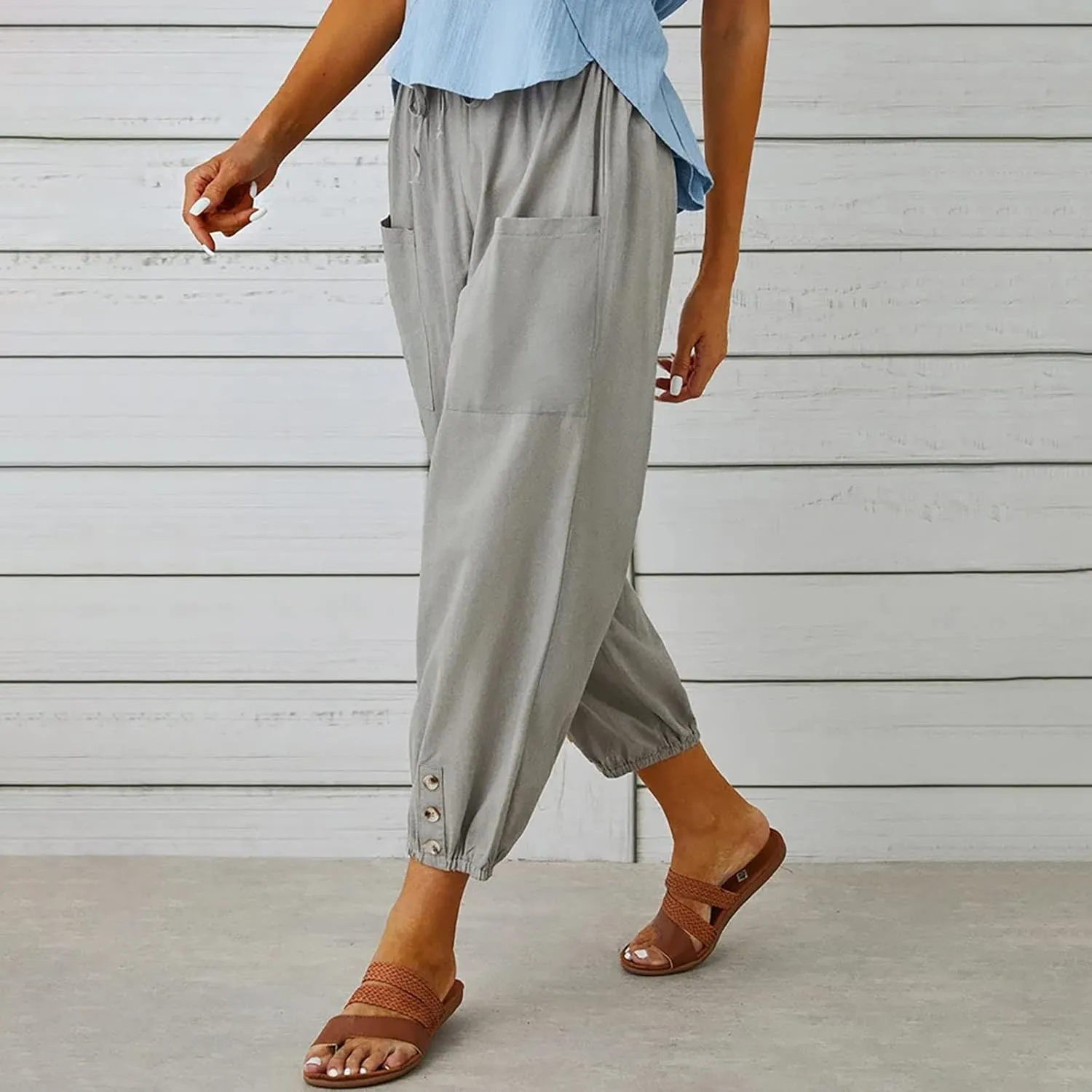 Ceboyel Womens Drawstring Linen Pants High Waist Boho Pant Summer Casual Trousers Dressy Casual Beach Outfits 2023