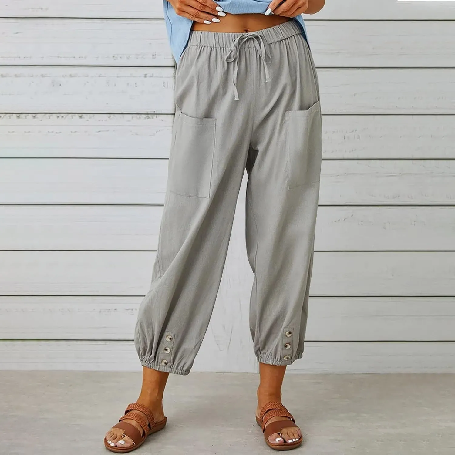 Ceboyel Womens Drawstring Linen Pants High Waist Boho Pant Summer Casual Trousers Dressy Casual Beach Outfits 2023